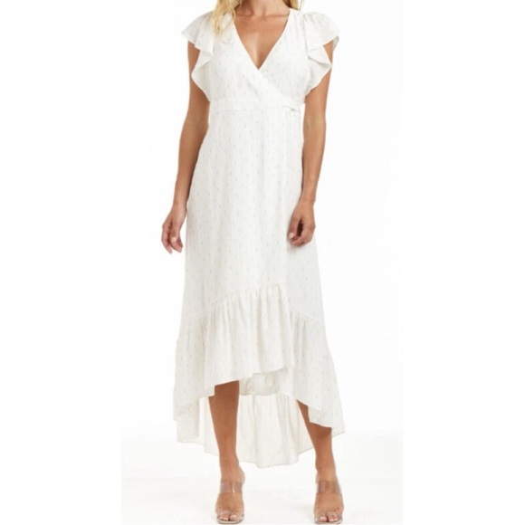 DREW Women's Maggie Hi-Low Wrap Maxi Dress White Gold Dotted, size Small - Picture 1 of 11